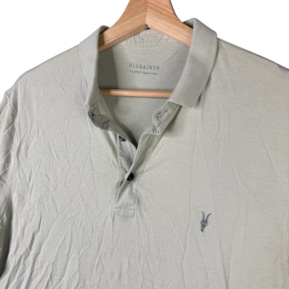 AllSaints Reform Polo Shirt Sage Green Short Sleeve Ramskull Logo Mens XL